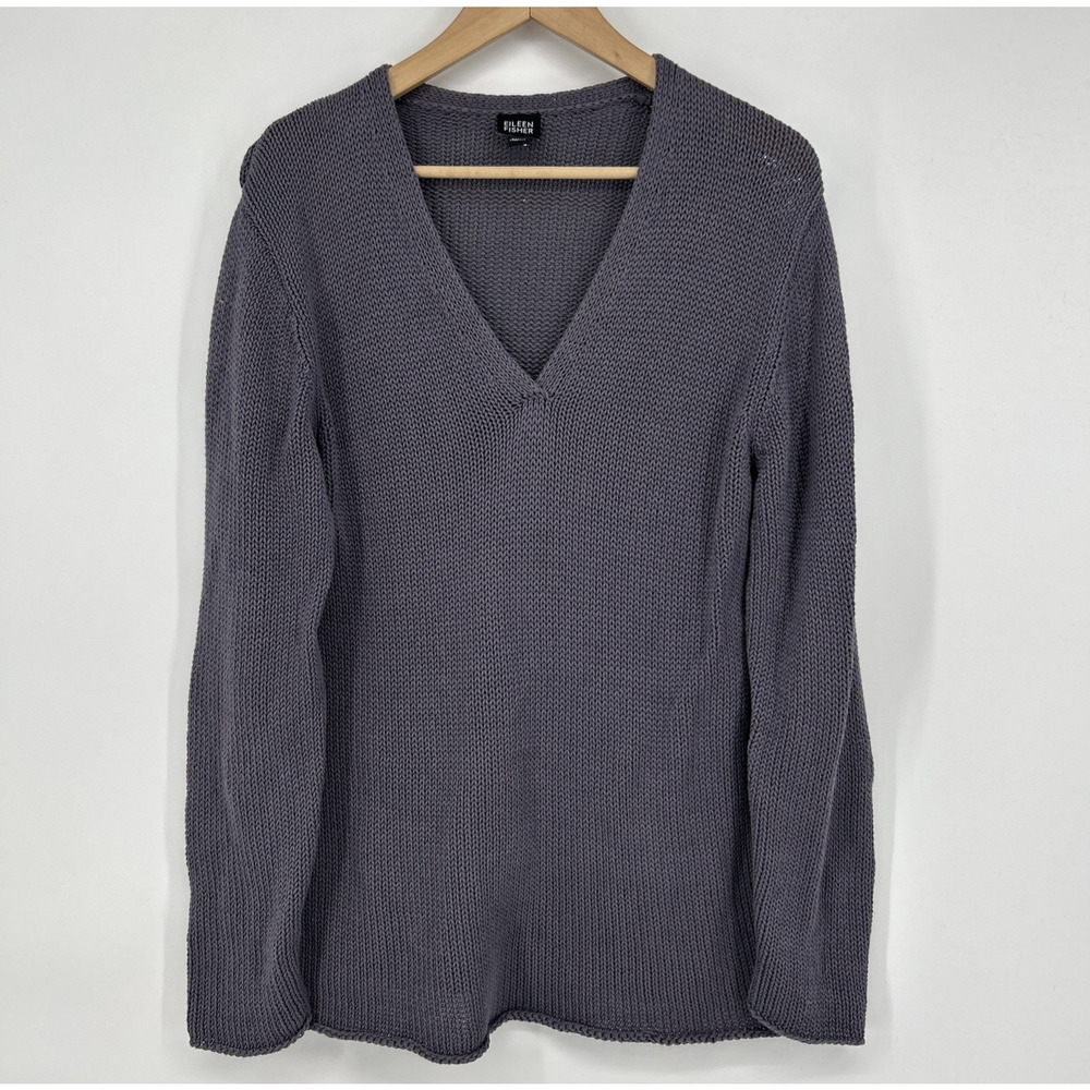 Eileen Fisher Sweater Womens Size M Open Knit Cotton V Neck Gray Vintage 90s